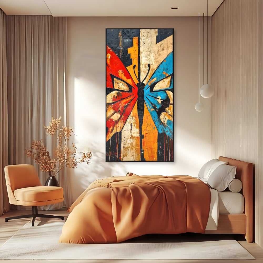 Tablou canvas cu tablou canvas cu fluture stilizat in culori vii, in rama de aluminiu negru, pe perete intr-un dormitor